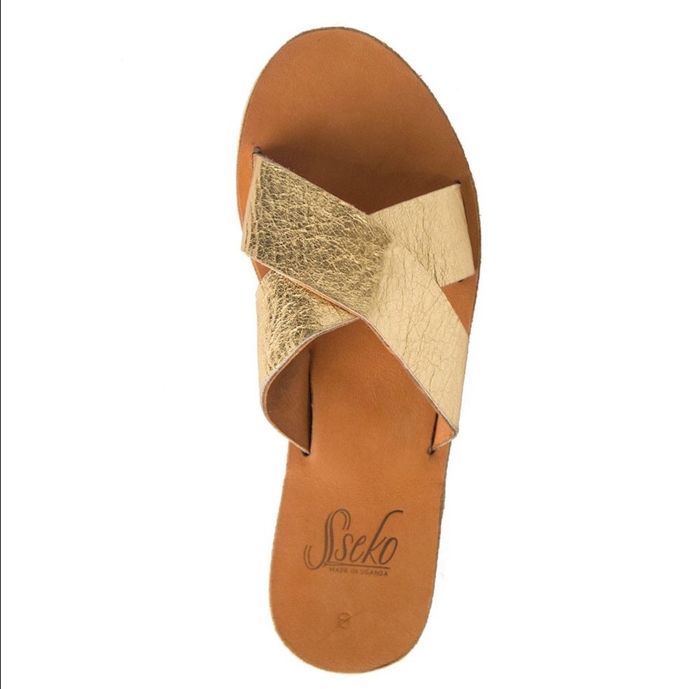 Gold and Caramel Crossover Slide Sandal